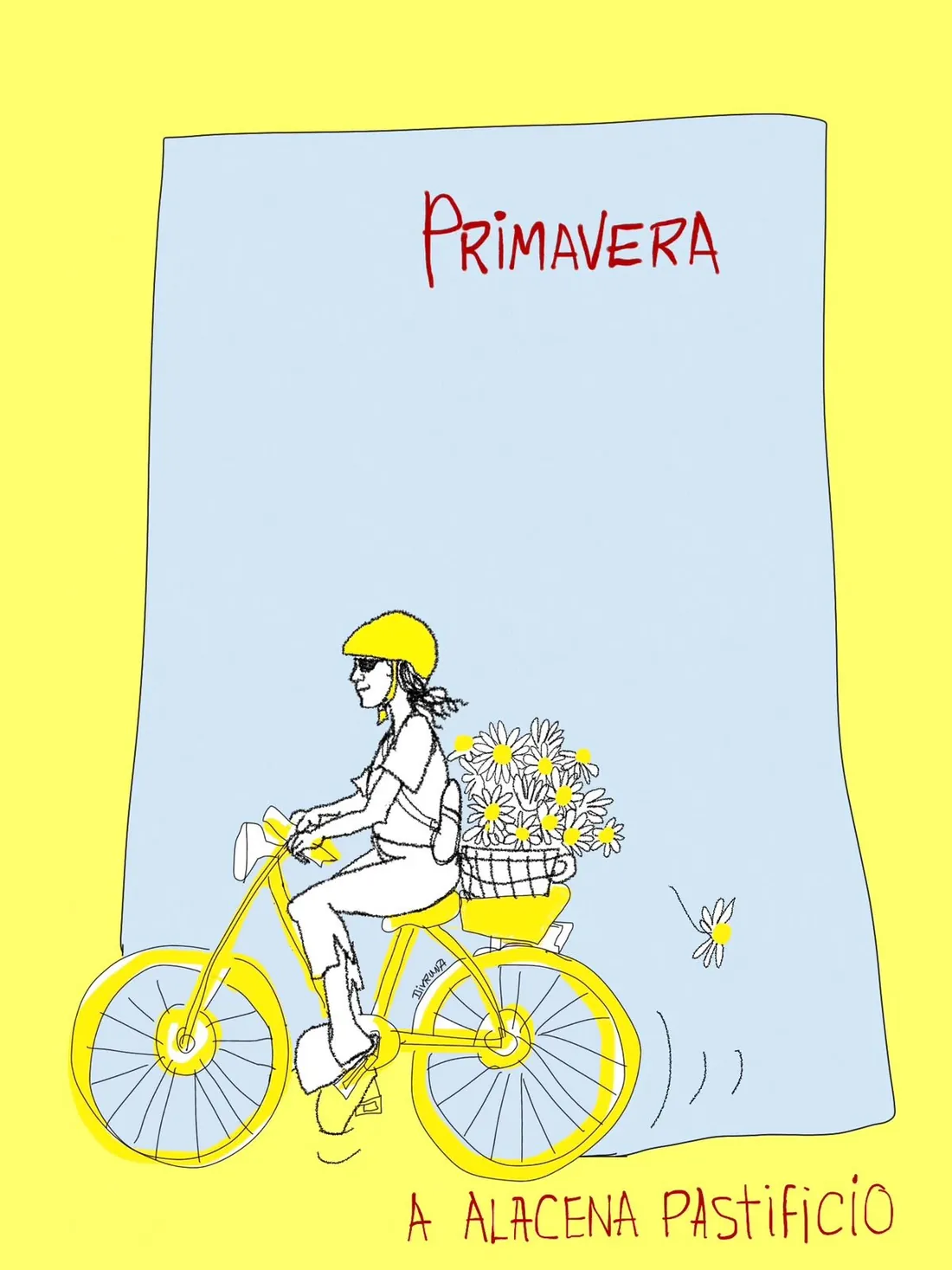 Ilustración de una chica en bicicleta amarilla con flores, A Alacena Pastificio